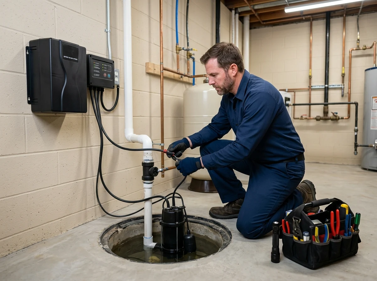 Plumber wiring battery backup power monitoring unit for sump pump