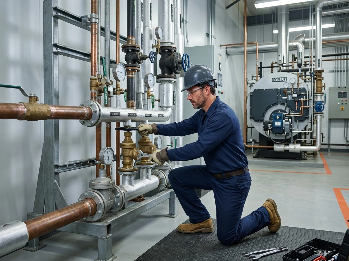 Commercial plumber servicing heavy duty water valves in mechanical room
