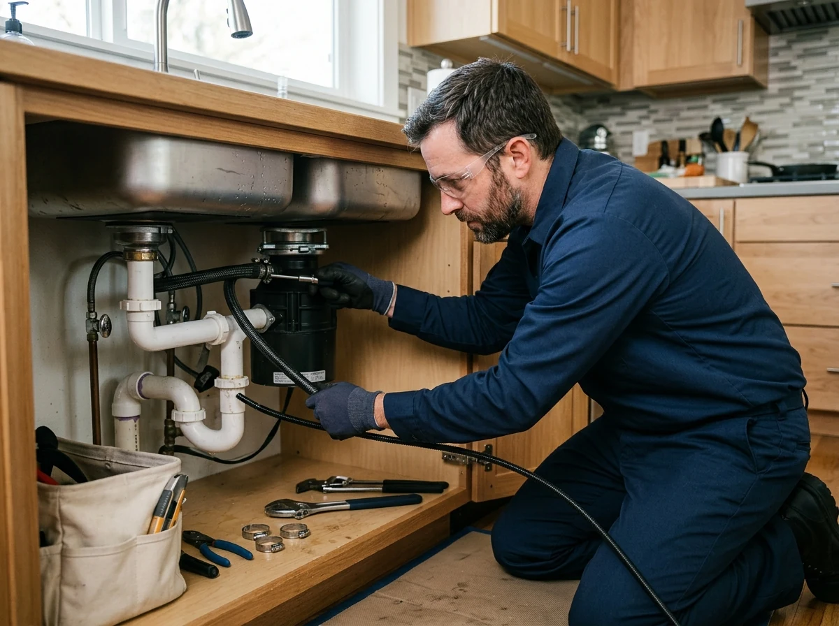 Plumber connecting dishwasher discharge line and clearing waste arm pipes