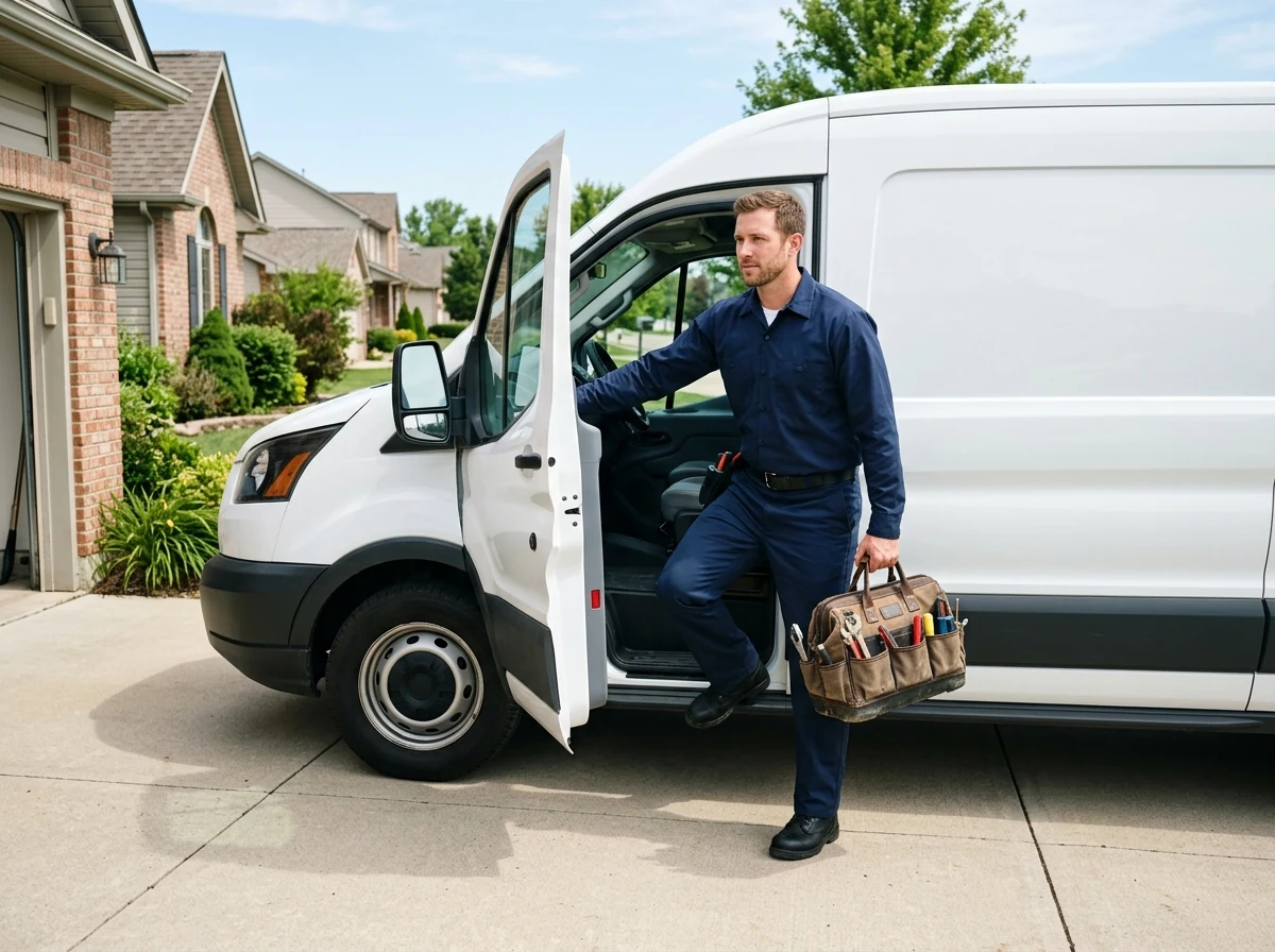 Emergency plumbing technician with tool kit arriving at residential home in white service van