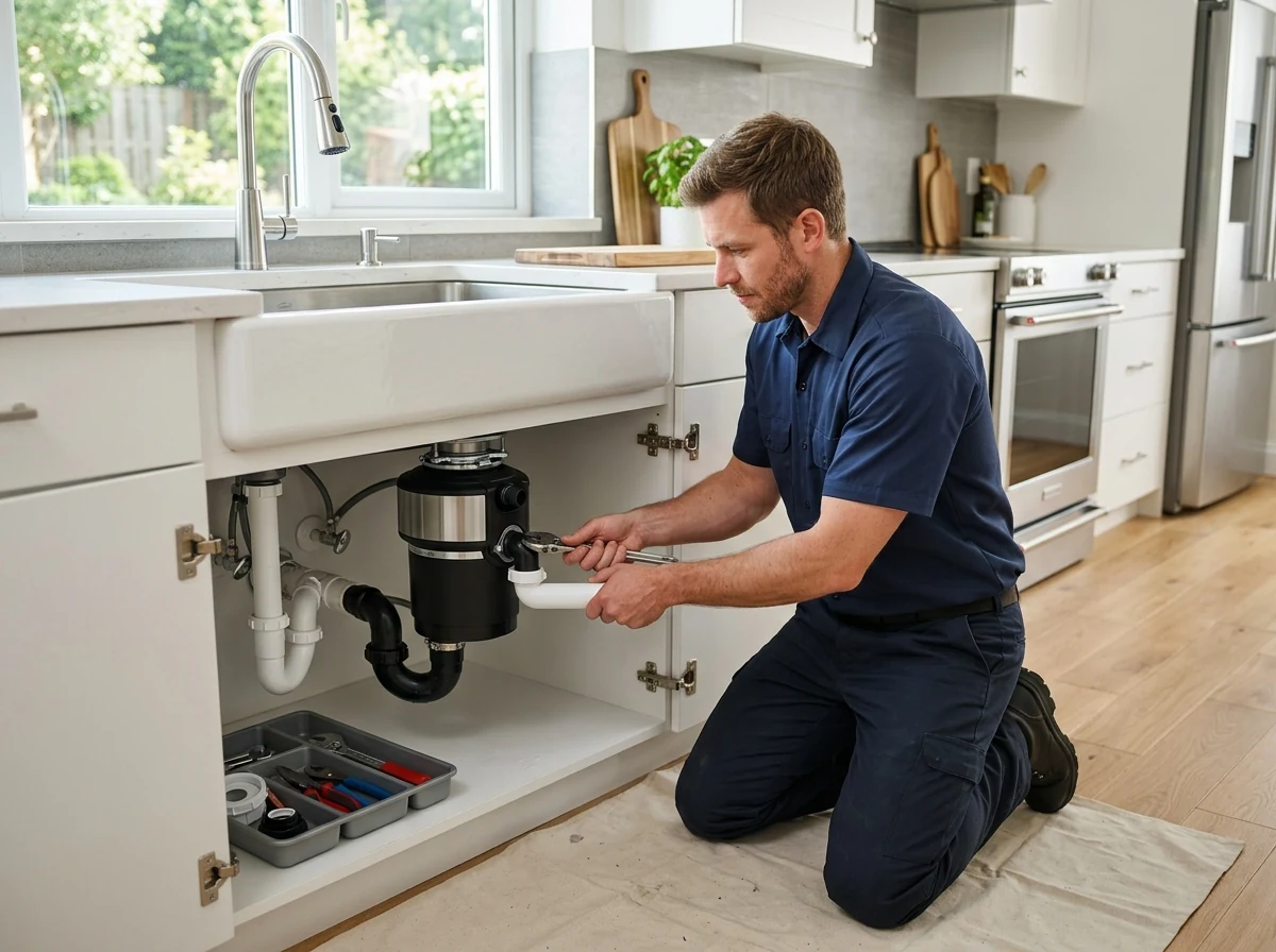 Plumber installing new garbage disposal under kitchen sink
