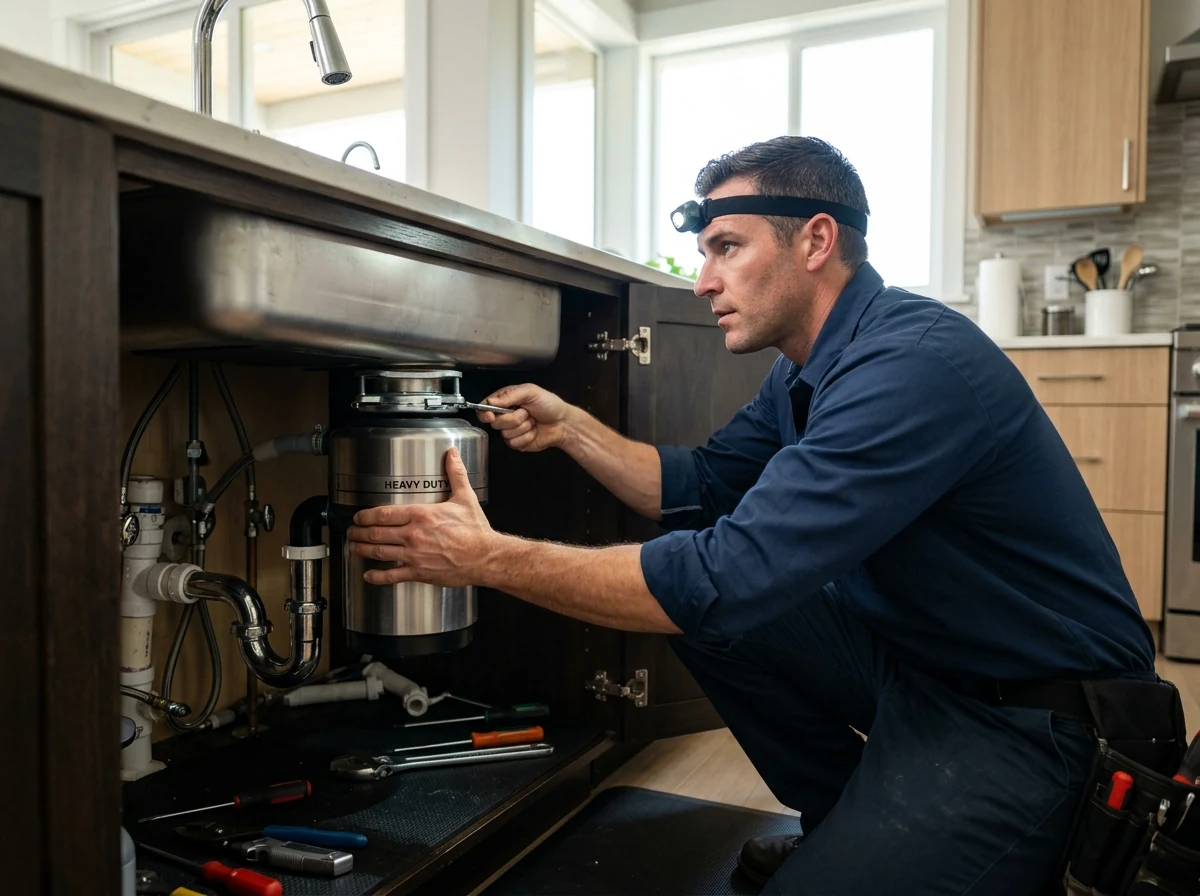 Plumber mounting heavy duty garbage disposal under kitchen sink