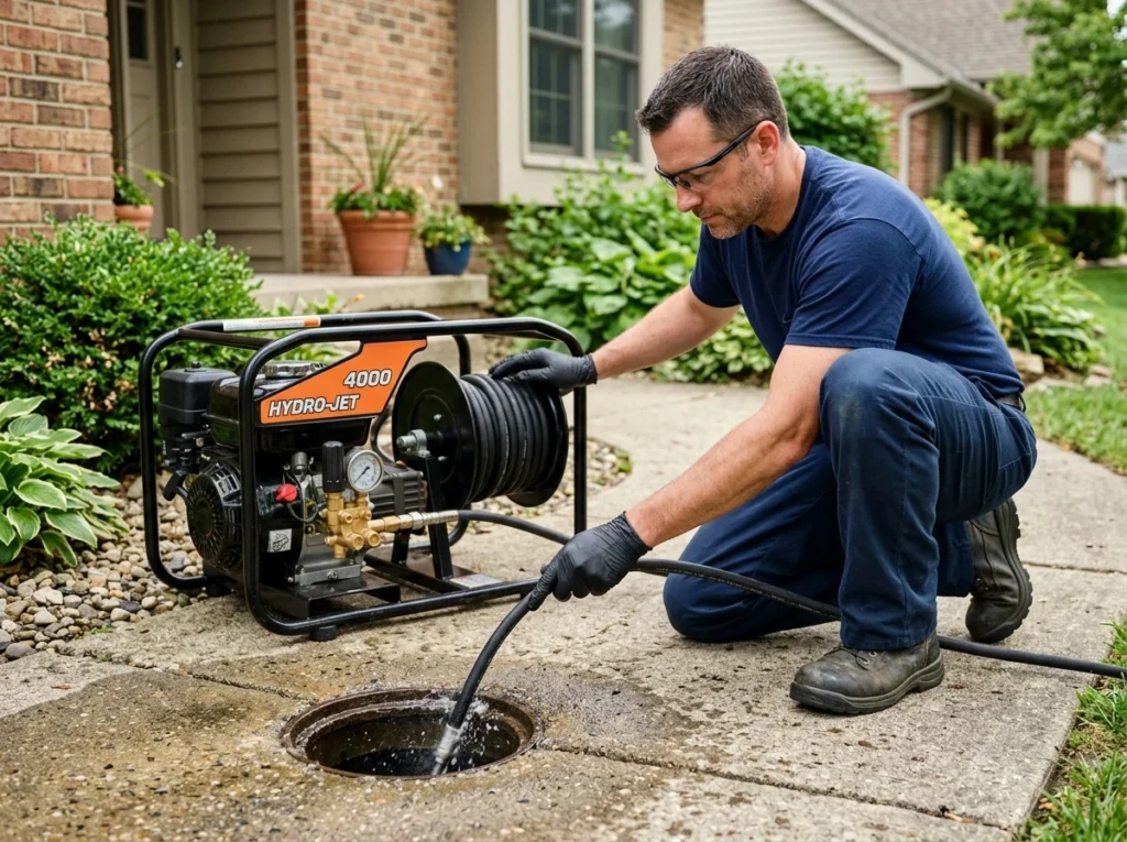 Plumber operating heavy duty hydro jetting drain cleaner machine at outdoor drain
