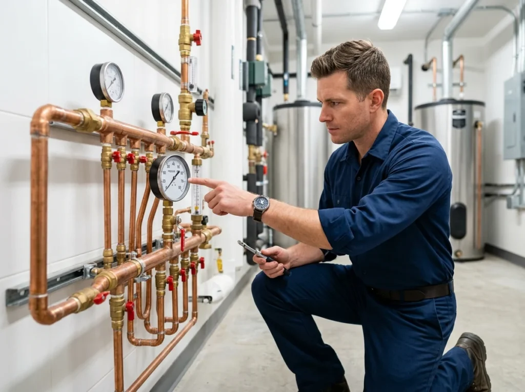 Plumber testing water line pressure with precision gauges on pipe manifold