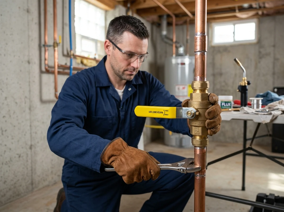 Plumber installing heavy duty quarter-turn main shutoff ball valve on copper pipe