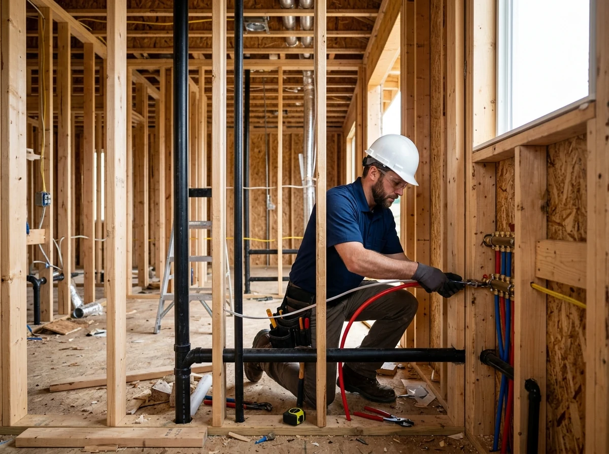 Plumber installing water lines and drainage pipes in new construction framing