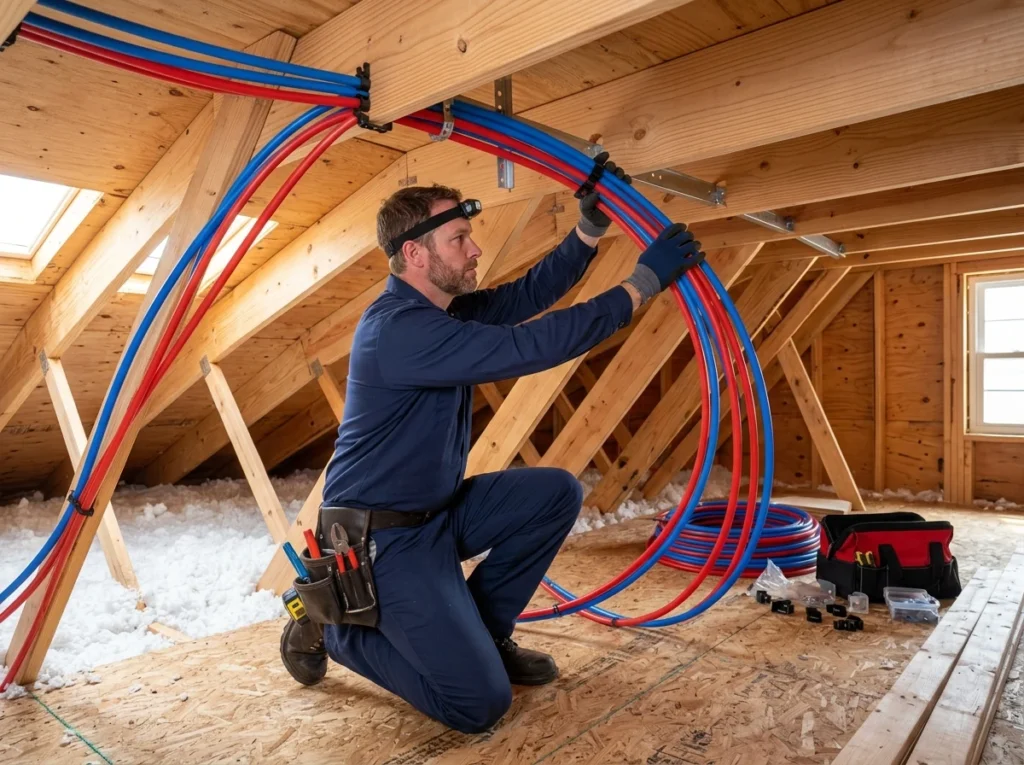 Plumbing technician installing overhead PEX water supply lines through attic framing