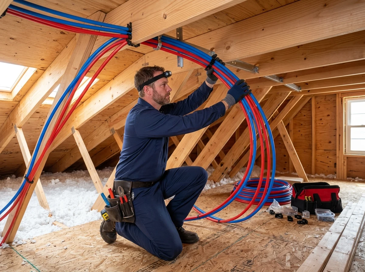 Plumbing technician installing overhead PEX water supply lines through attic framing