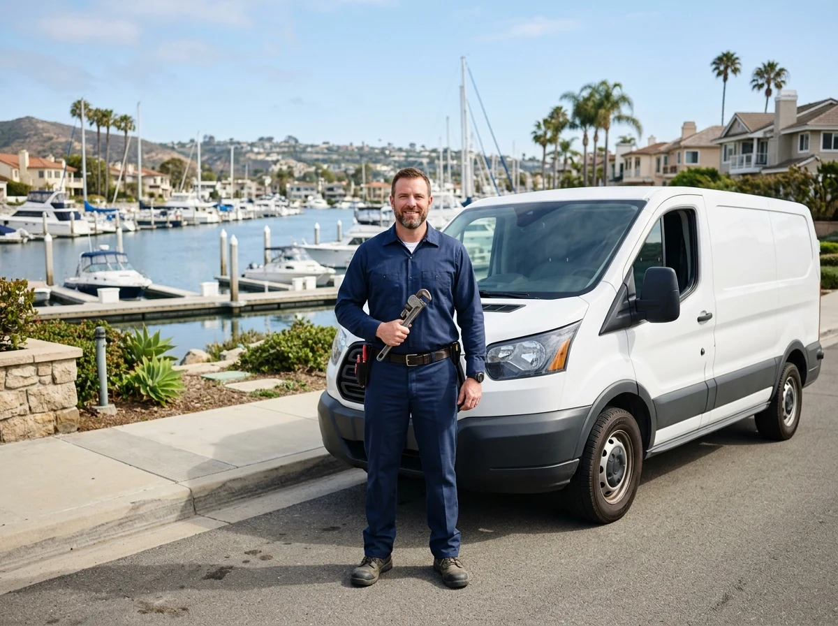 Plumbing technician standing with wrench by service vehicle in Pittsburg waterfront neighborhood