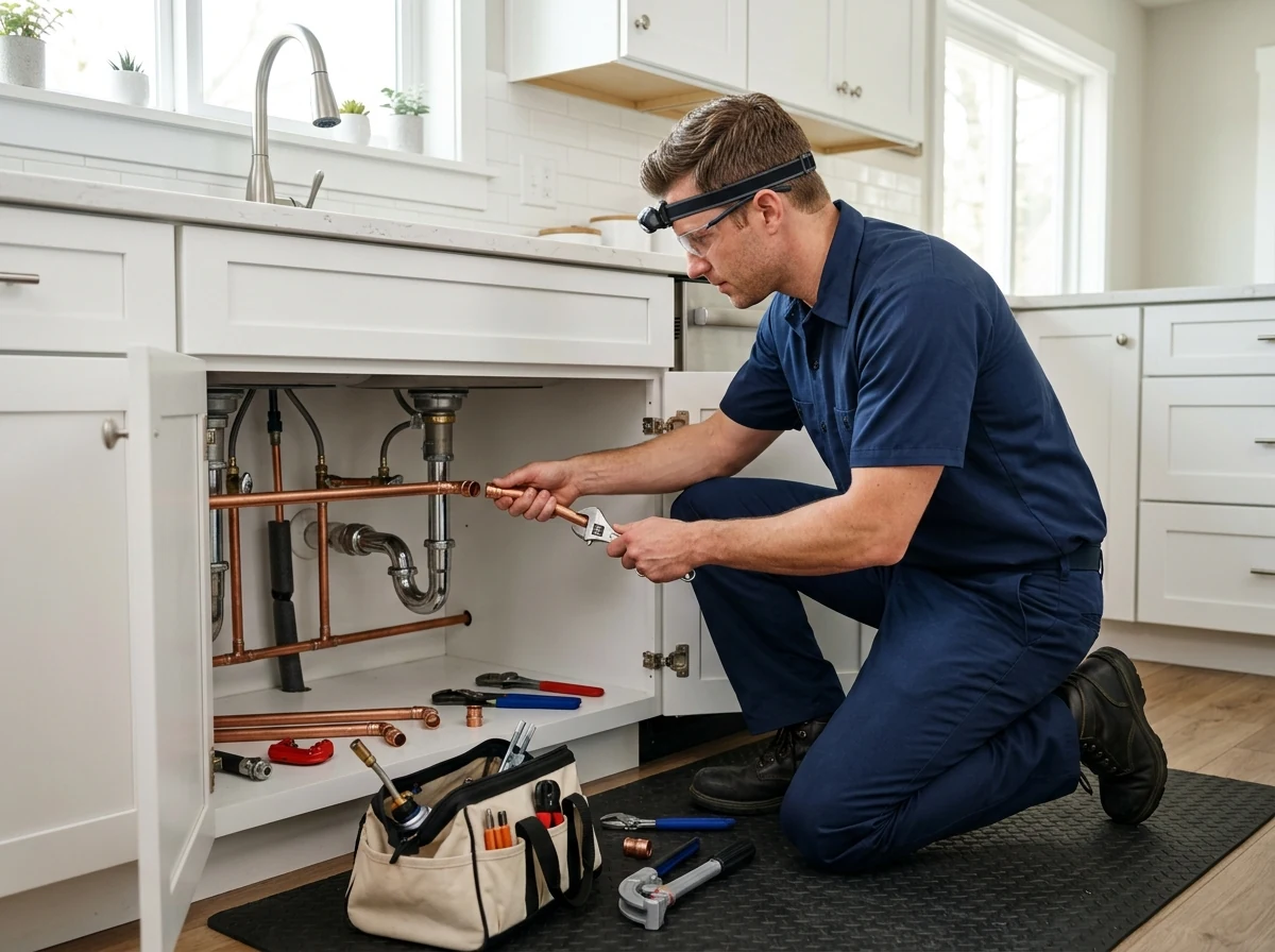 Licensed plumber inspecting and repairing under-sink copper pipes in kitchen