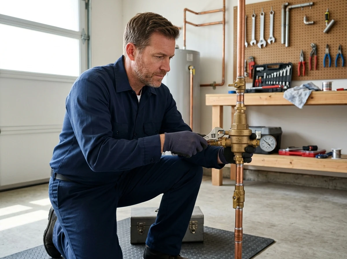 Plumber installing and adjusting brass pressure reducing valve on copper water line