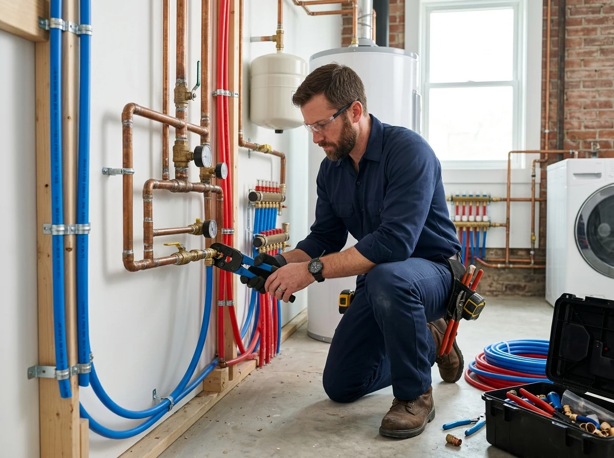 Plumbing technician installing copper and PEX water lines in utility room