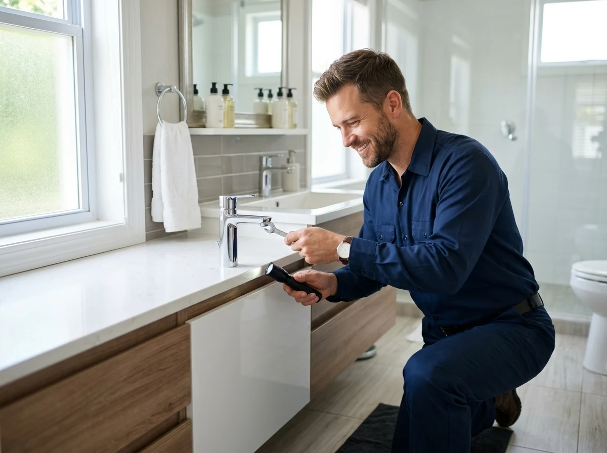 Plumbing technician inspecting bathroom vanity faucet and water lines