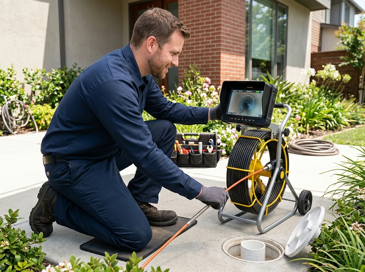 Plumber operating video camera inspection system at outdoor sewer cleanout