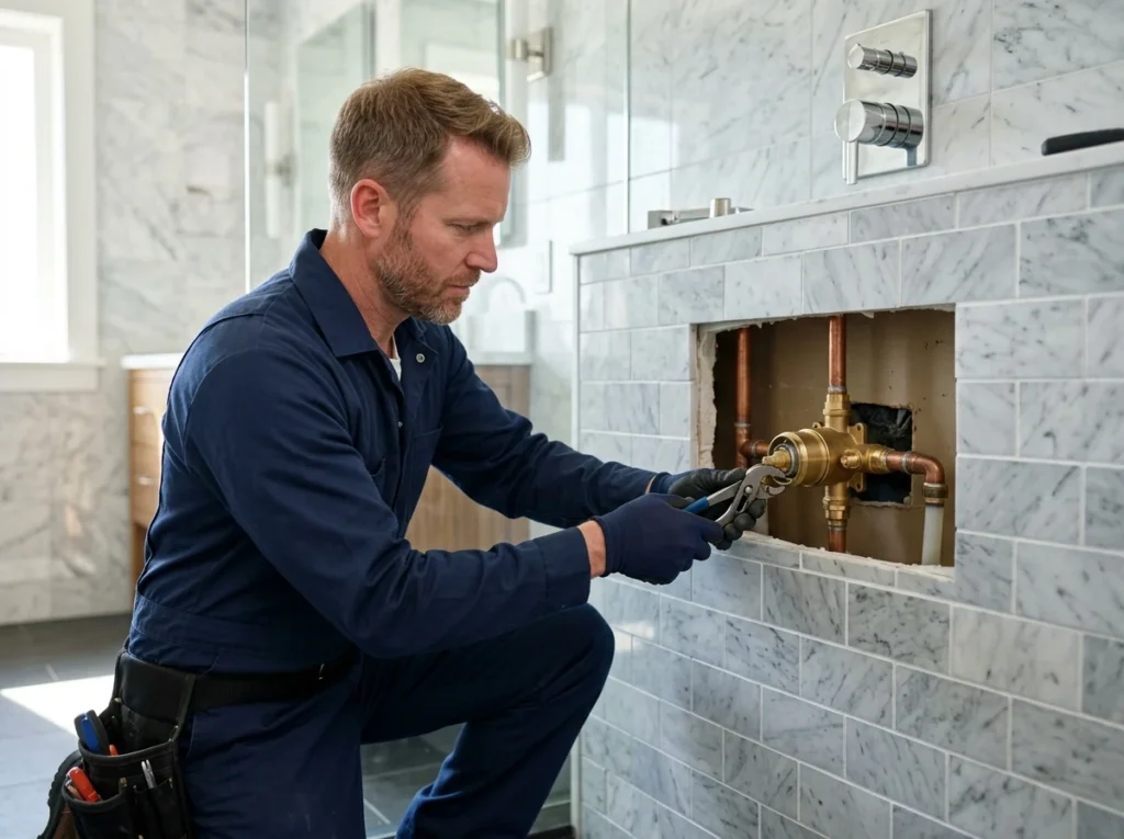 Plumbing technician installing brass shower mixing valve behind tiled bathroom wall