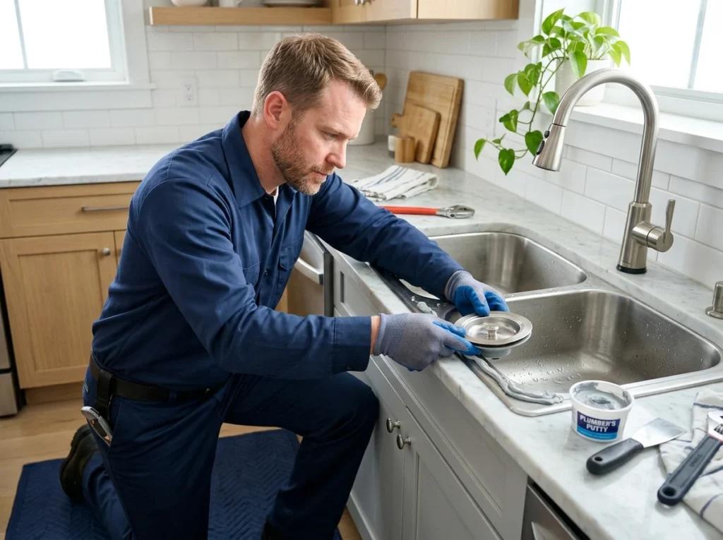 Plumbing technician installing watertight sink flange using plumber's putty