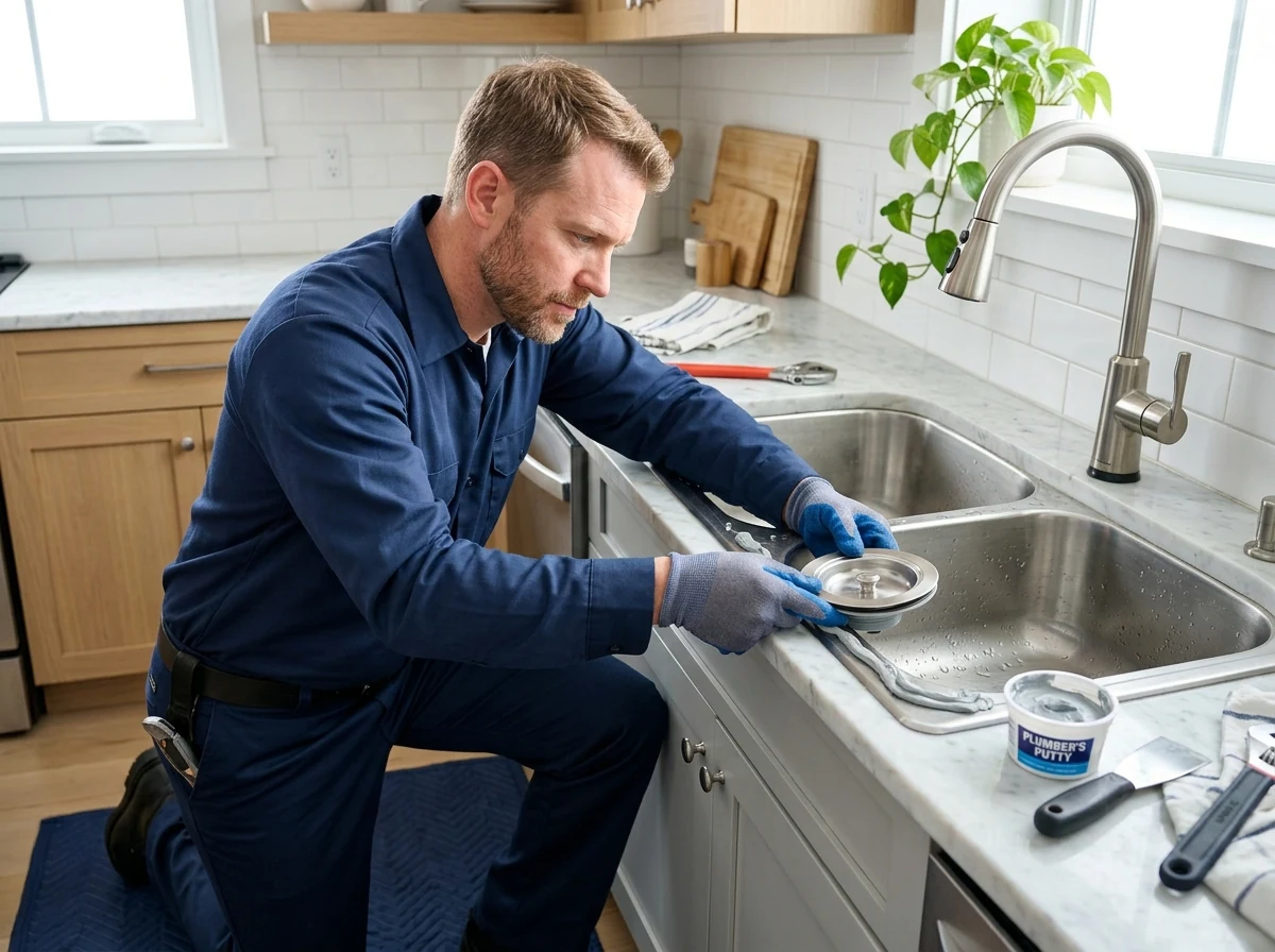 Plumbing technician installing watertight sink flange using plumber's putty