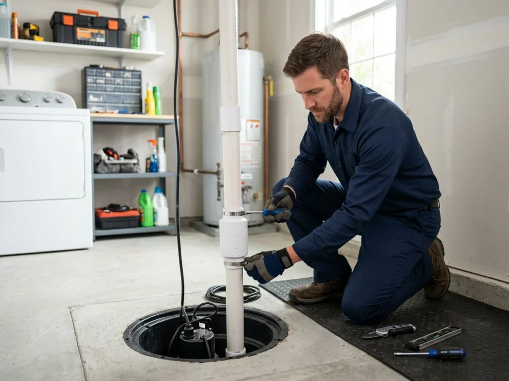 Plumber installing quiet check valve on vertical PVC sump discharge line