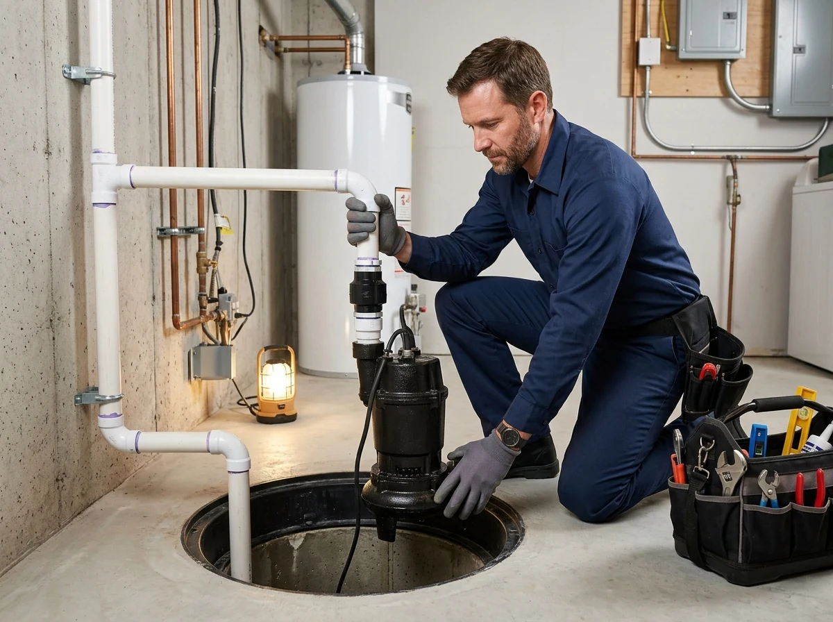 Plumbing technician installing cast iron submersible sump pump into basement basin