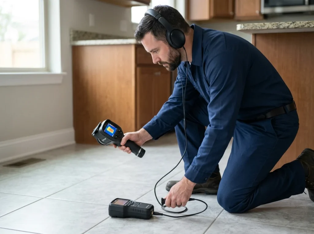 Plumber using infrared thermal camera and acoustic probe to locate slab leak