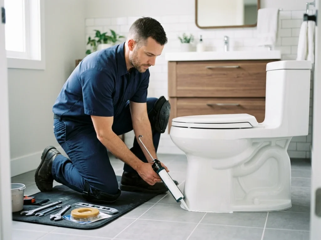 Plumber sealing base flange on high efficiency toilet in modern bathroom