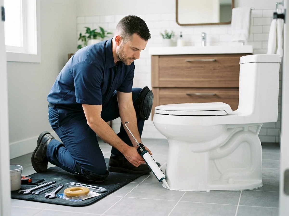 Plumber sealing base flange on high efficiency toilet in modern bathroom