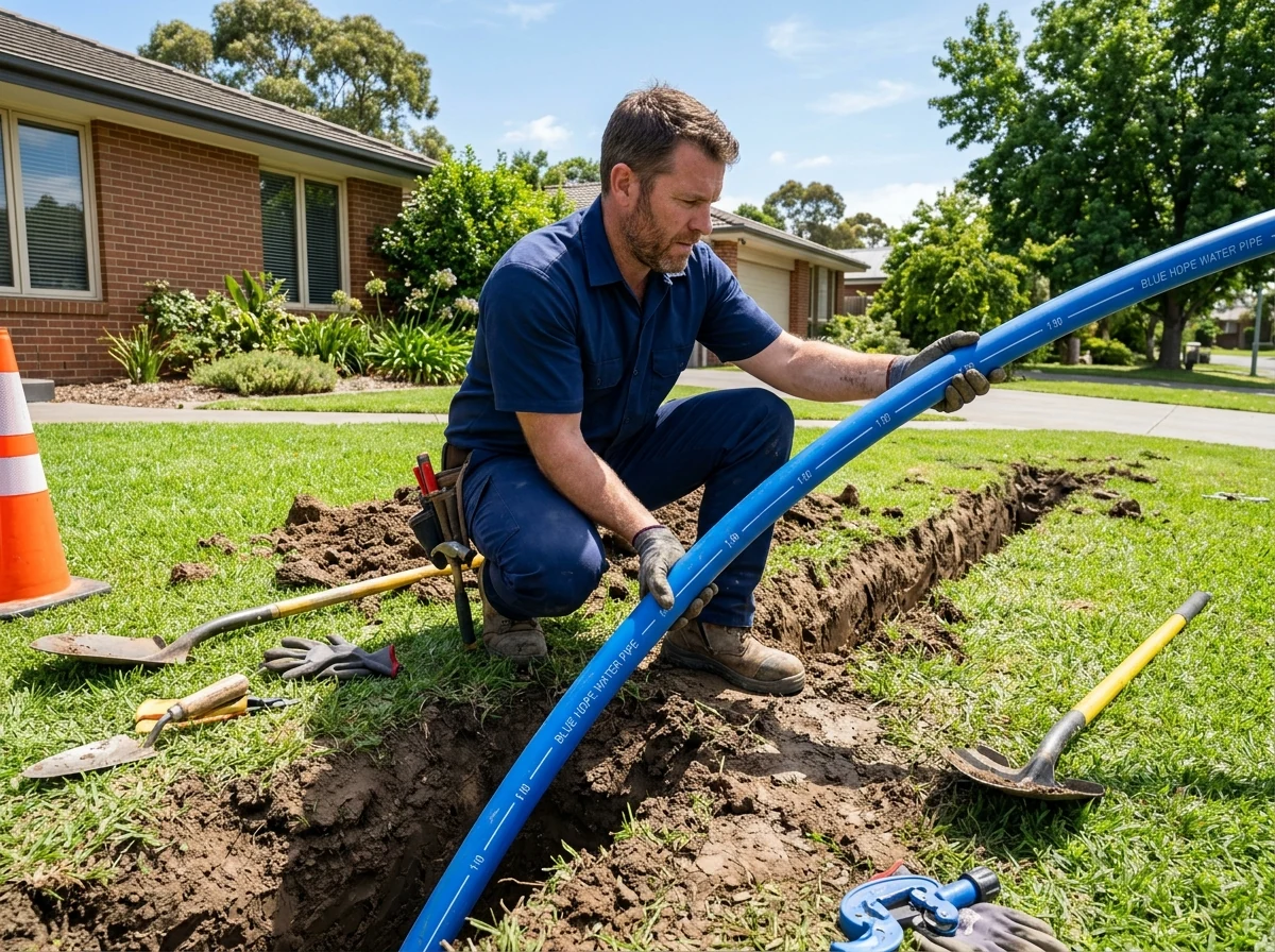 Plumbing technician installing trenchless blue HDPE main water line pipe in residential lawn