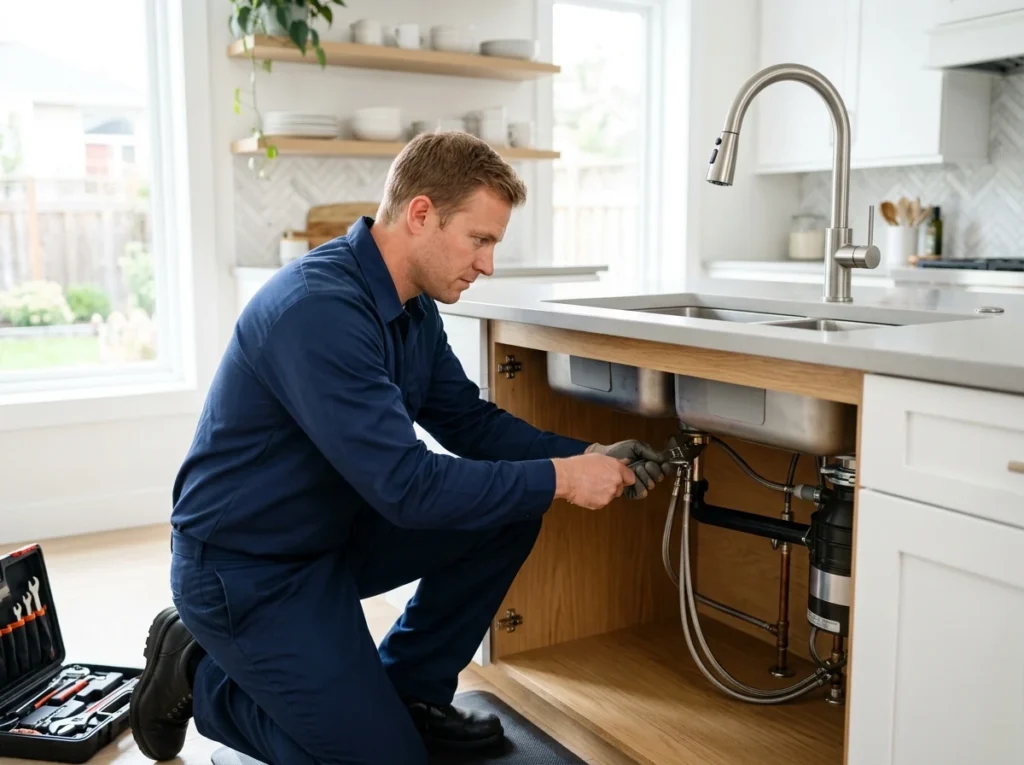 Plumber installing stainless steel kitchen faucet with under-sink connections