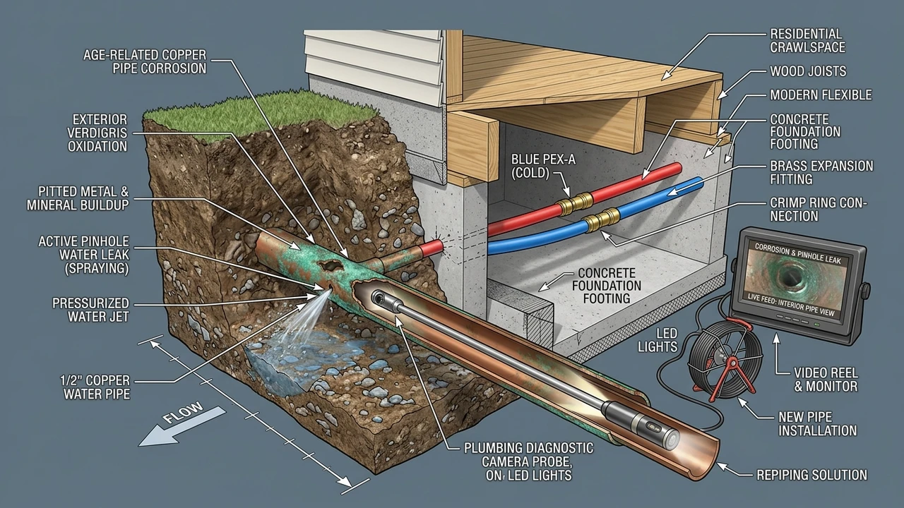 3D cross-section showing soil excavation of corroded copper water pipe leak and new PEX-A crawlspace repipe