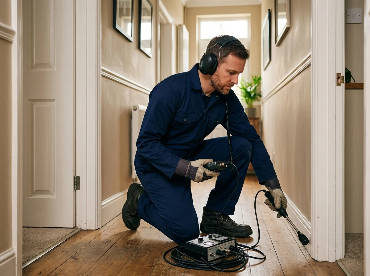 Plumber using acoustic leak detector and headset to pinpoint hidden line leaks