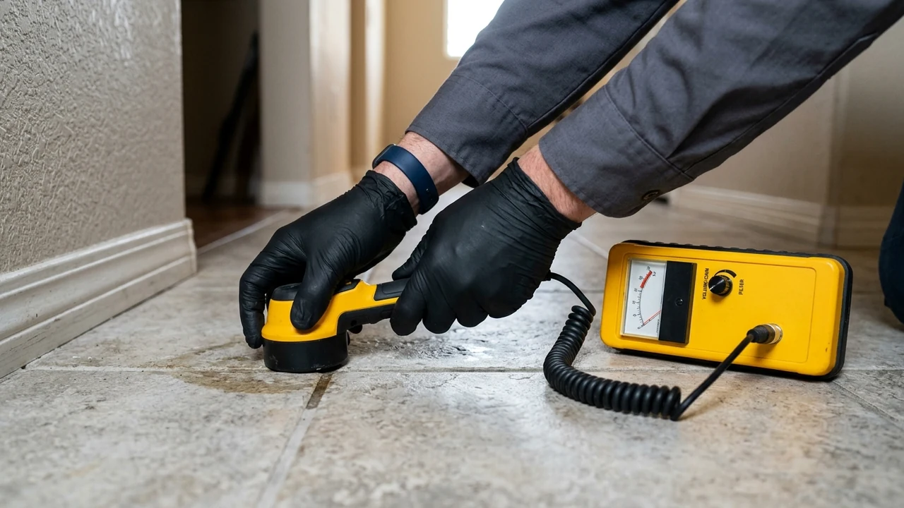 Figure 2: Licensed plumbing technician using acoustic ground microphone to detect underground slab leak in Pittsburg CA home