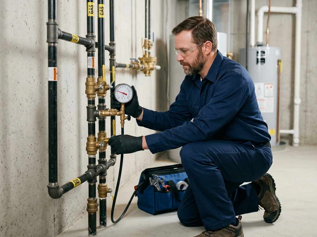Plumber conducting static pressure test with precision analog air gauge on gas line