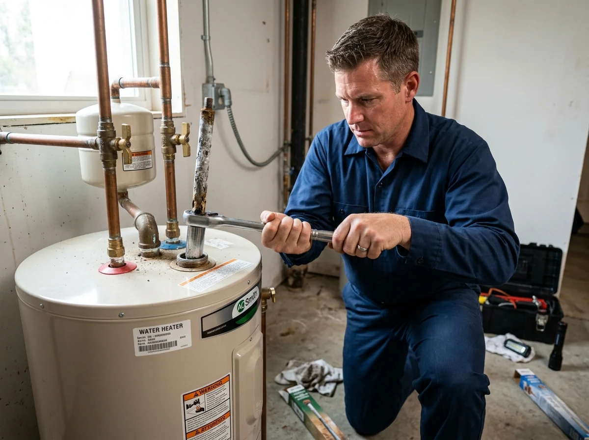 Plumber removing sacrificial magnesium anode rod from water heater with socket wrench