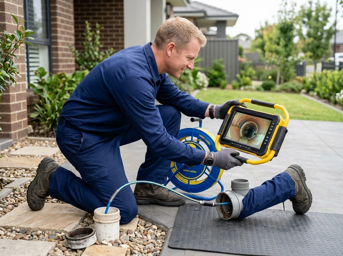Plumber reviewing clean drain camera inspection footage on digital monitor