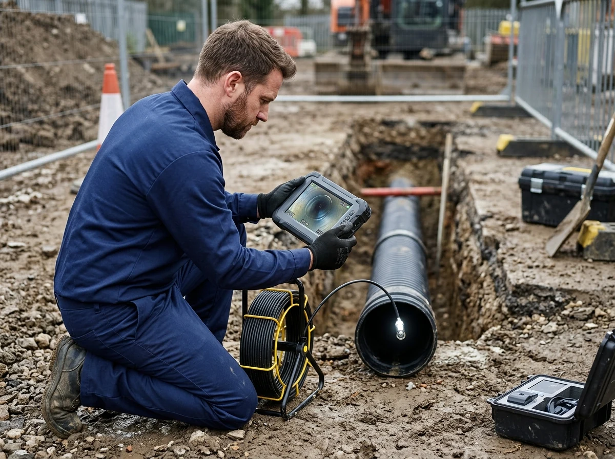 Plumber auditing pipe internal condition with color video inspection monitor
