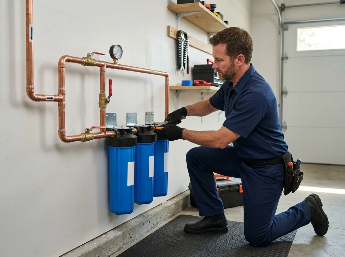 Plumber installing sediment and carbon water filtration unit with bypass manifold