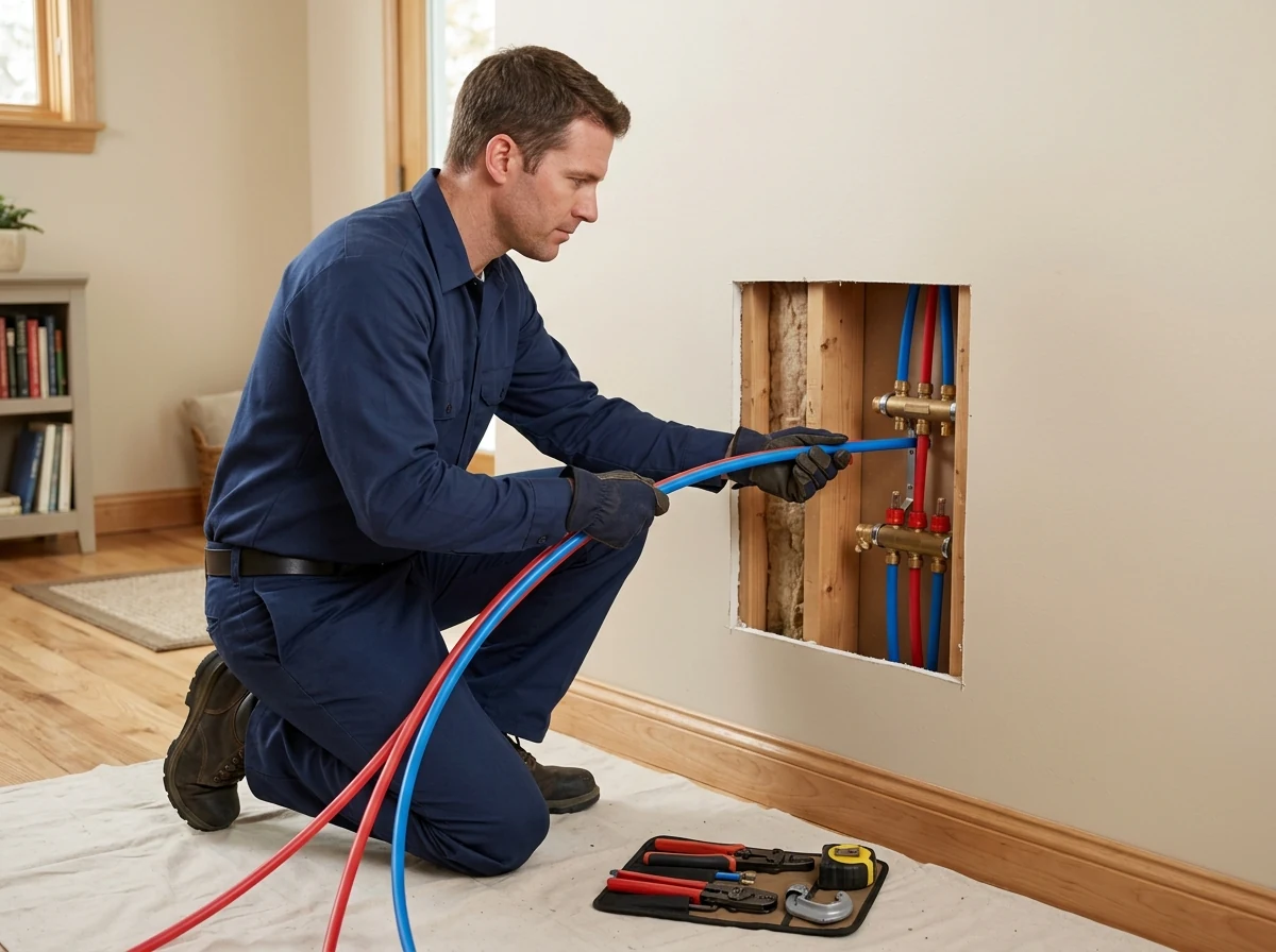 Plumbing specialist guiding PEX water lines through clean drywall access openings