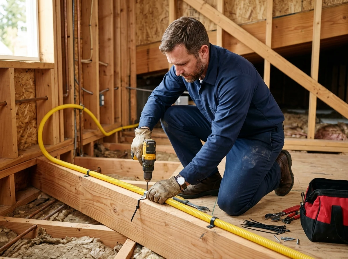 Plumber securing flexible yellow CSST gas line along floor joists during repiping