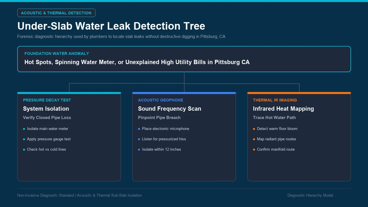 Decision tree flowchart showing pressure decay testing acoustic frequency scanning and thermal IR heat mapping for slab leaks in Pittsburg CA