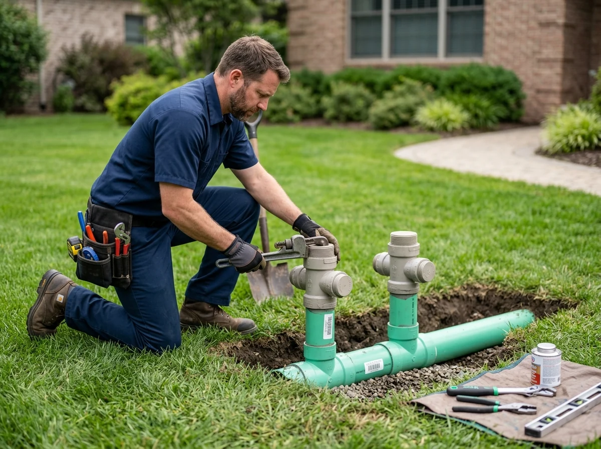 Plumber installing threaded dual directional cleanout risers on green sewer line