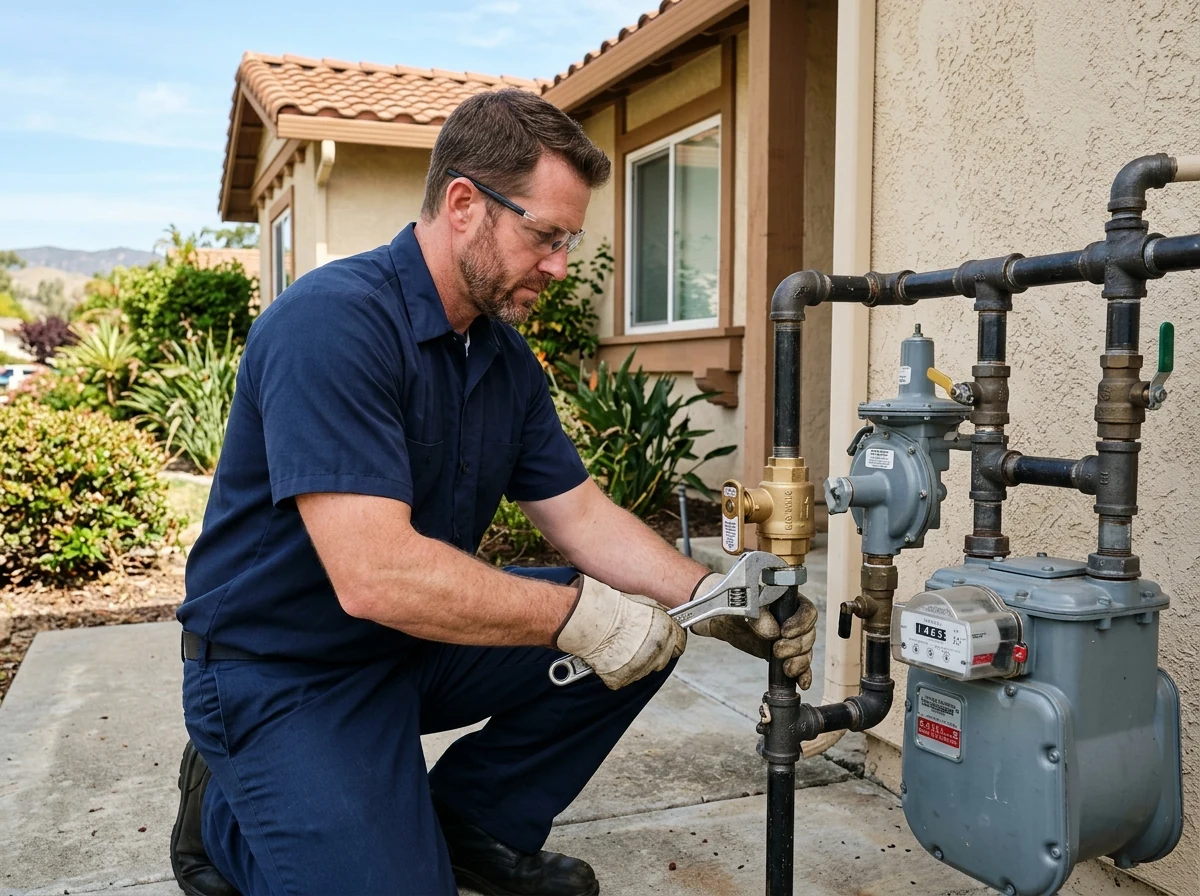 Plumbing technician installing seismic earthquake automatic shutoff valve at gas meter