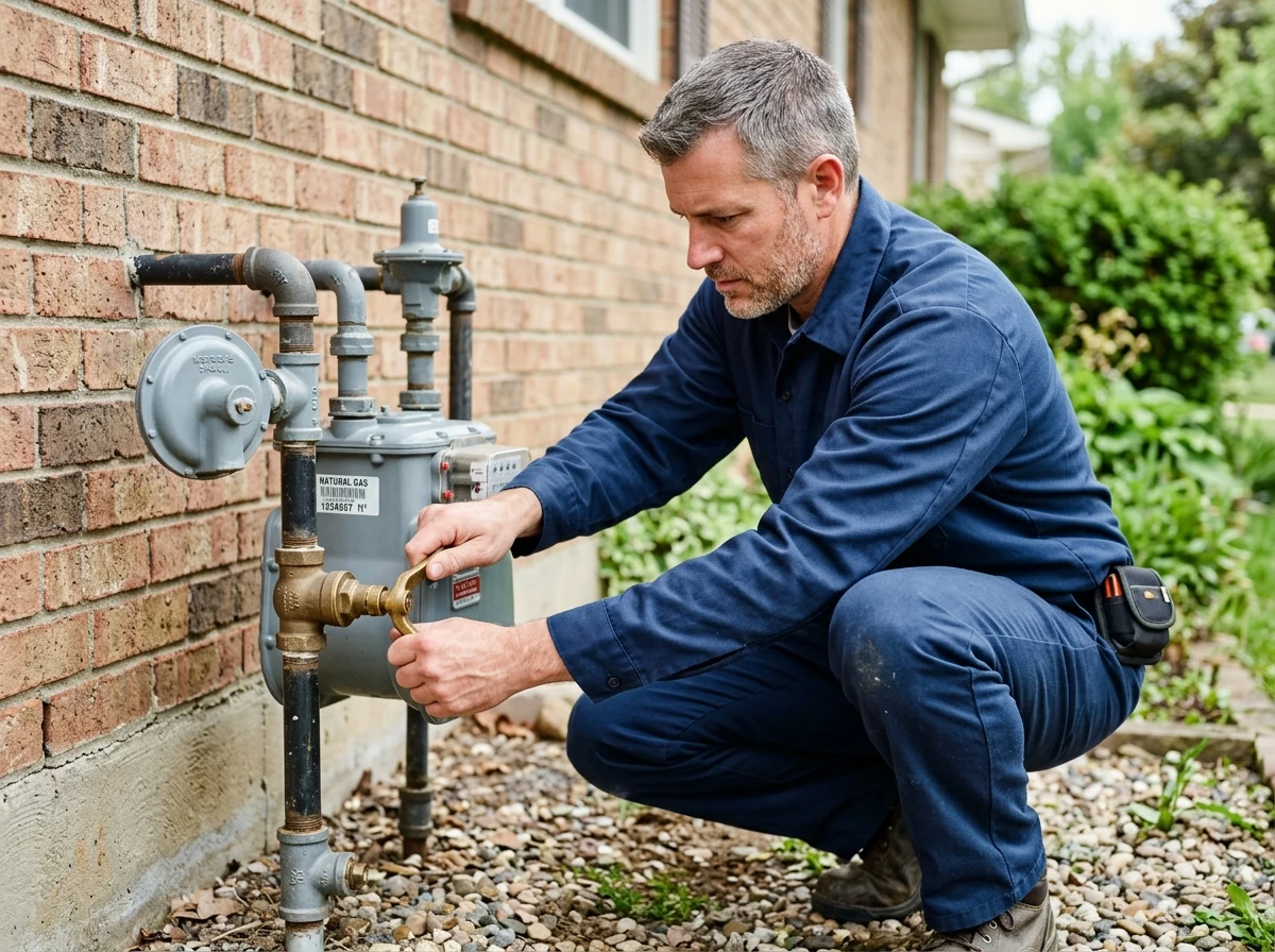 Plumber adjusting emergency brass shutoff valve on residential gas meter