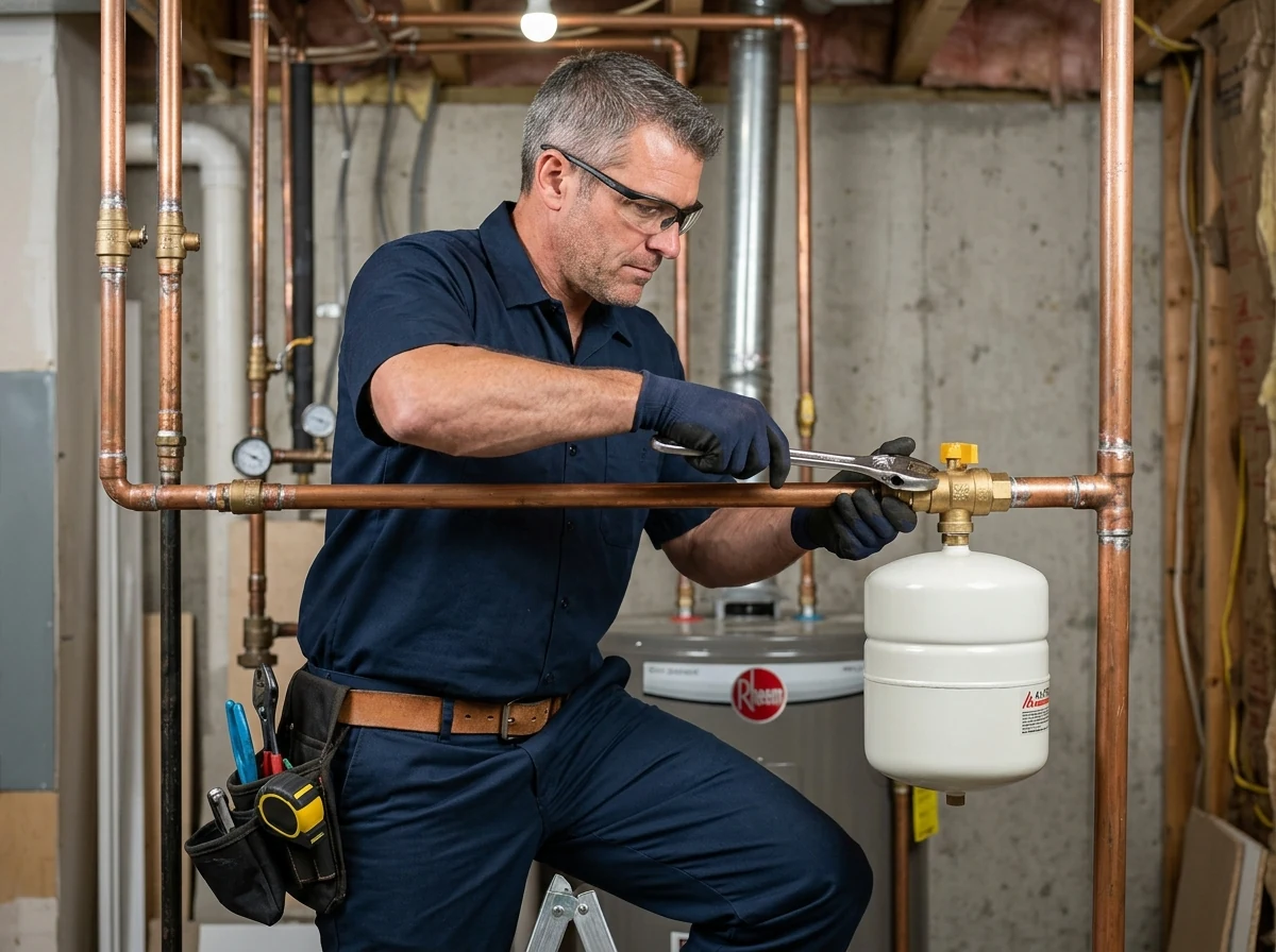 Plumber securing brass shutoff ball valve and thermal expansion tank to copper line