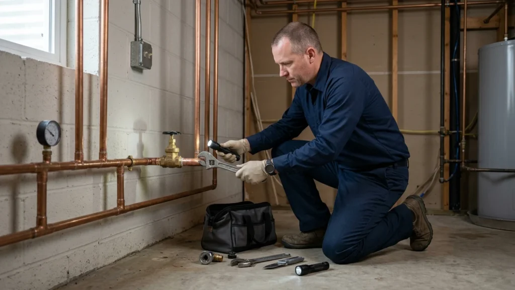 Plumbing technician wearing headphones using electronic acoustic ground microphone on concrete slab floor