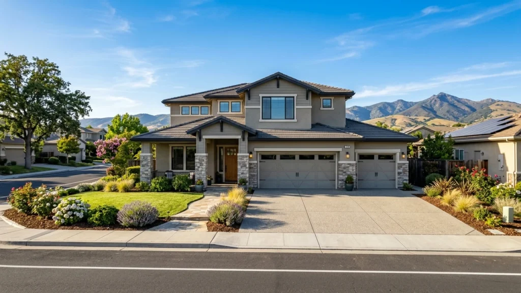 Suburban family home exterior in Pittsburg California East Contra Costa County with Mt Diablo foothills in distance
