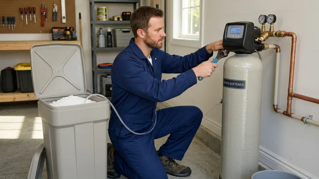 Modern whole-house water softener system with digital control valve head installed in Pittsburg garage