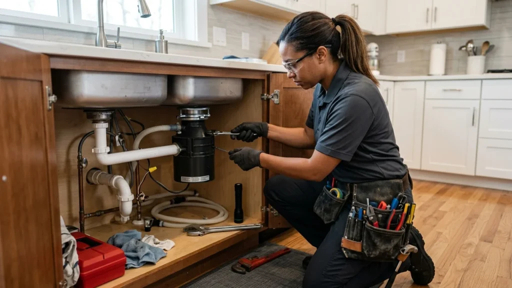 Plumber inspecting kitchen sink stainless steel drain flange and garbage disposal unit