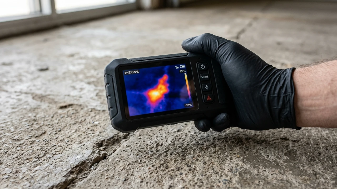 FLIR thermal infrared camera screen displaying hot water pipe leak blooming through concrete foundation slab