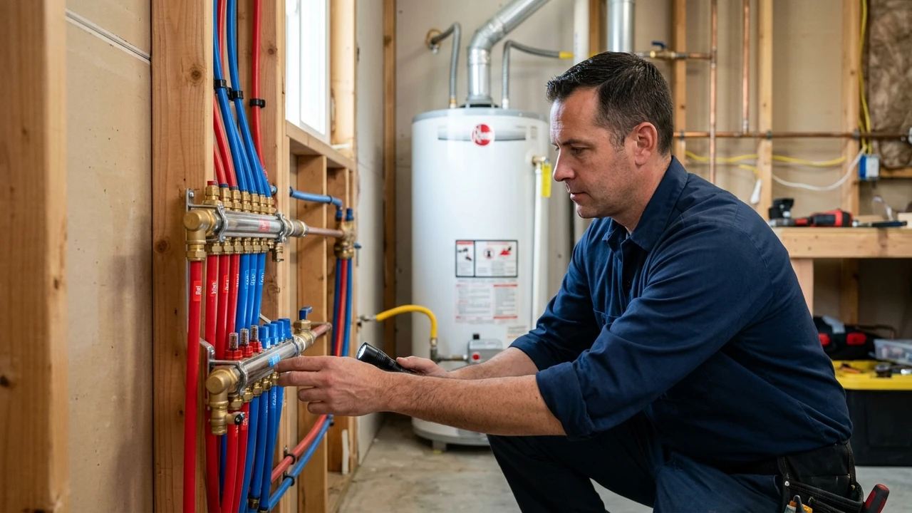 Licensed plumber using flashlight inspecting color-coded red and blue PEX water manifold valves in utility closet