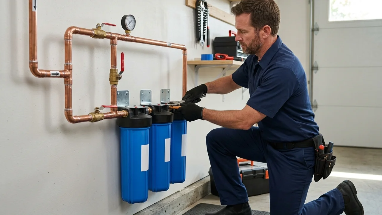 Plumbing technician checking pre-filter bypass valves and testing water hardness grains in Pittsburg CA